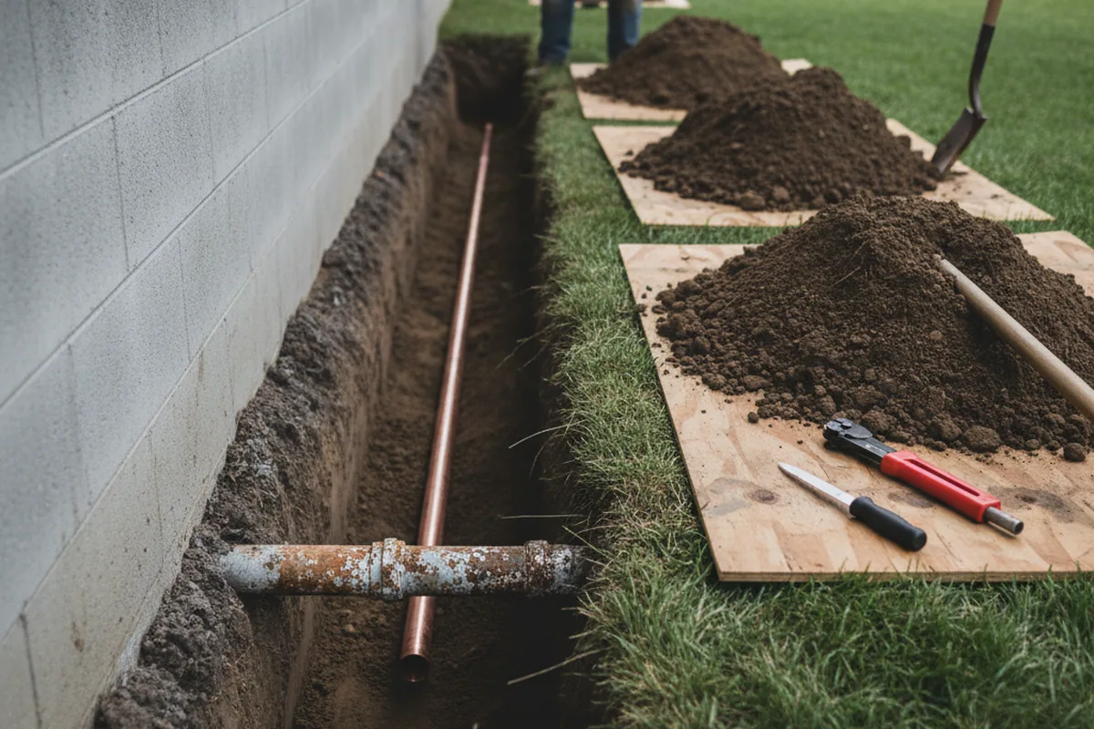 Excavated water line trench during Water Heater Repair in Princess Anne
